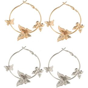 2Pairs Butterfly Hoop Earring for Women Girl Teen Vintage Hollow Animal Insect Butterfly Statement Earring Wedding Party Friendship Jewelry Birthday Gift