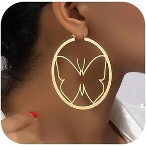 Denifery Butterfly Hoop Earrings Hollow Round Butterfly Earrings Big Gold Circle Earrings for Women Girls Jewelry Gifts
