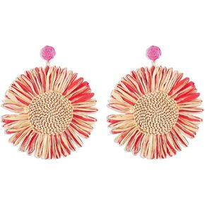 Bohemian Handmade Raffia Sunflower Earrings Flower Rattan Straw Wrapped Drop Dangle Earrings Summer Beach Vacation Party Ear Jewelry for Women and Girls