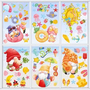 9 Sheets Summer Window Clings, Summer Static Window Stickers, Summer Double Sided Hello Summer Words Beach Pool Party Window Decals for Hawaiian Tropical Indoor Summer Party Window Decoration Supplies
