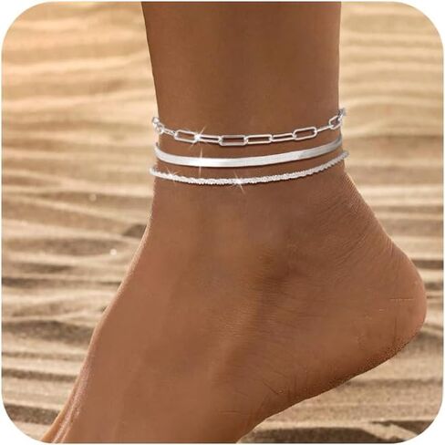2/3Pcs Ankle Bracelets for Women - Silver Anklet Set - Dainty Layered Herringbone, Rope, and Figaro Paperclip Chain Anklets for Women - Sea Beach Foot Anklets Jewelry Gift (Silver Plated) in Kuwait