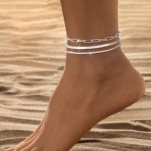 2/3Pcs Ankle Bracelets for Women - Silver Anklet Set - Dainty Layered Herringbone, Rope, and Figaro Paperclip Chain Anklets for Women - Sea Beach Foot Anklets Jewelry Gift (Silver Plated) in Kuwait