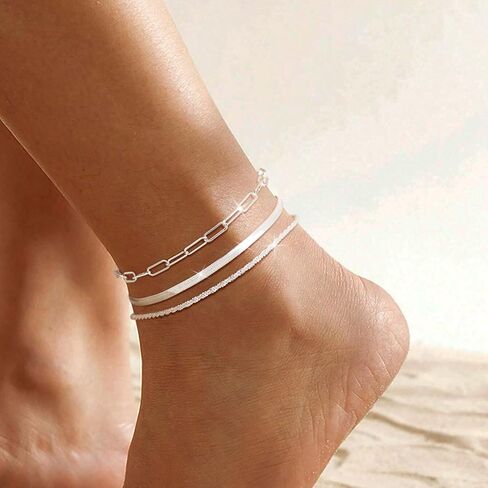2/3Pcs Ankle Bracelets for Women - Silver Anklet Set - Dainty Layered Herringbone, Rope, and Figaro Paperclip Chain Anklets for Women - Sea Beach Foot Anklets Jewelry Gift (Silver Plated) in Kuwait