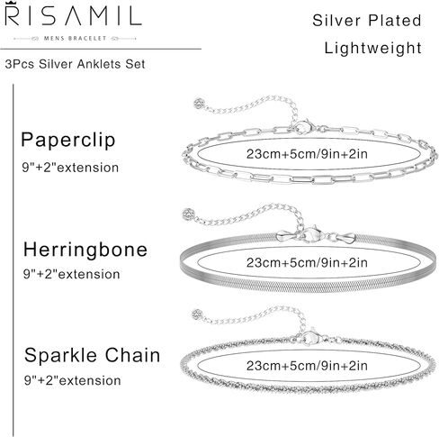 2/3Pcs Ankle Bracelets for Women - Silver Anklet Set - Dainty Layered Herringbone, Rope, and Figaro Paperclip Chain Anklets for Women - Sea Beach Foot Anklets Jewelry Gift (Silver Plated) in Kuwait