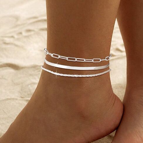 2/3Pcs Ankle Bracelets for Women - Silver Anklet Set - Dainty Layered Herringbone, Rope, and Figaro Paperclip Chain Anklets for Women - Sea Beach Foot Anklets Jewelry Gift (Silver Plated) in Kuwait