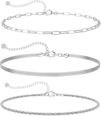 2/3Pcs Ankle Bracelets for Women - Silver Anklet Set - Dainty Layered Herringbone, Rope, and Figaro Paperclip Chain Anklets for Women - Sea Beach Foot Anklets Jewelry Gift (Silver Plated) in Kuwait