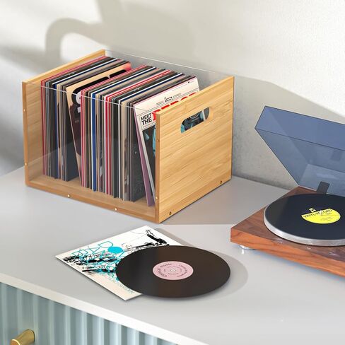 منظم صندوق ملفات أكريليك شفاف حديث مع لمسات من الخيزران الصديق للبيئة لسجلات الفينيل والألعاب والمزيد - تصميم أنيق ومقابض محمولة وحامل مستندات شفاف لسهولة الإعداد والتخزين متعدد الاستخدامات in Kuwait