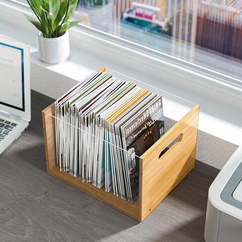 منظم صندوق ملفات أكريليك شفاف حديث مع لمسات من الخيزران الصديق للبيئة لسجلات الفينيل والألعاب والمزيد - تصميم أنيق ومقابض محمولة وحامل مستندات شفاف لسهولة الإعداد والتخزين متعدد الاستخدامات in Kuwait