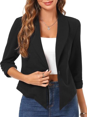 Women's Cropped Blazer 3/4 Ruched Sleeve Open Front Cardigan Shawl Lapel Business Casual Outfits Suit Jacket for Work in Saudi Arabia