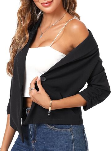 Women's Cropped Blazer 3/4 Ruched Sleeve Open Front Cardigan Shawl Lapel Business Casual Outfits Suit Jacket for Work in Saudi Arabia