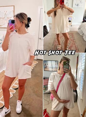 ثوب فضفاض للنساء بأكمام قصيرة من Hot Shot Onesie وزرة خلفية كبيرة الحجم على شكل حرف V مع جيوب in Kuwait