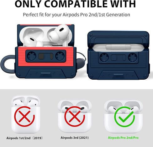 حافظة AirPods Pro الجيل الثاني، حافظة شريط كاسيت Filoto حماية كاملة 360 درجة، جلد سيليكون ناعم ممتص للصدمات مناسب للسفر والحياة اليومية، حبل متضمن، قلم تنظيف Airpod، أزرق in Kuwait