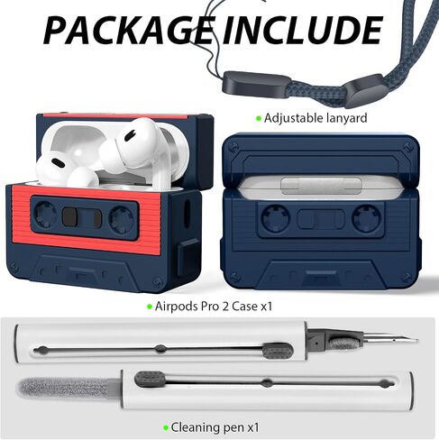 حافظة AirPods Pro الجيل الثاني، حافظة شريط كاسيت Filoto حماية كاملة 360 درجة، جلد سيليكون ناعم ممتص للصدمات مناسب للسفر والحياة اليومية، حبل متضمن، قلم تنظيف Airpod، أزرق in Kuwait