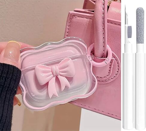 حافظة وردية لطيفة لغطاء الجيل الثالث من Airpods للفتيات والنساء مع سلسلة مفاتيح على شكل زهرة بوم بوم ومجموعة منظف، جلد واقي من السيليكون الناعم لحافظة Airpods الجيل الثالث 2021، وردي in Kuwait