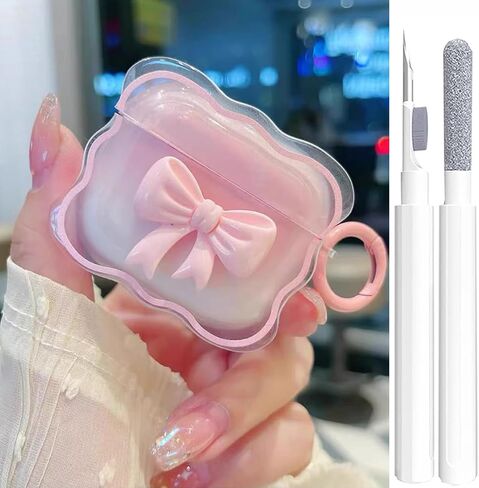 حافظة وردية لطيفة لغطاء الجيل الثالث من Airpods للفتيات والنساء مع سلسلة مفاتيح على شكل زهرة بوم بوم ومجموعة منظف، جلد واقي من السيليكون الناعم لحافظة Airpods الجيل الثالث 2021، وردي in Kuwait