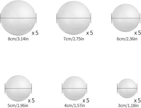كرات ستيفورد بيضاء من البوليسترين، 30 قطعة 6 أحجام كرات إسفنجية بيضاء 3-8 سم كرات إسفنجية للفنون والحرف اليدوية، ديكور حفلات المدرسة المنزلية in Kuwait
