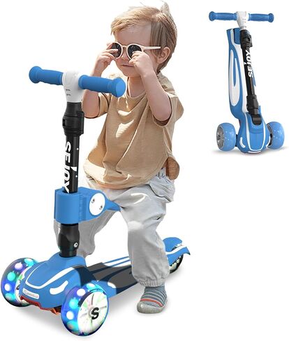 Sejoy Toddler Kick Scooter for Kids with 3 Wheels Extra-Wide Childrens Foldable Toy Scooter with Adjustable Height/Handlebars & Folding Seat for Kids Ages 3+(Blue) in Kuwait