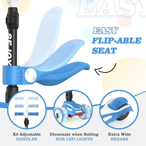 Sejoy Toddler Kick Scooter for Kids with 3 Wheels Extra-Wide Childrens Foldable Toy Scooter with Adjustable Height/Handlebars & Folding Seat for Kids Ages 3+(Blue) in Kuwait