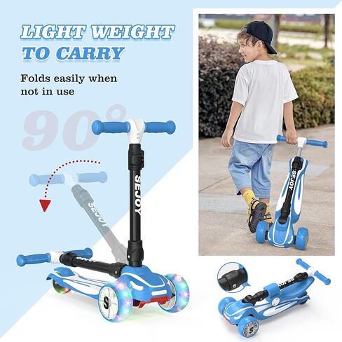 Sejoy Toddler Kick Scooter for Kids with 3 Wheels Extra-Wide Childrens Foldable Toy Scooter with Adjustable Height/Handlebars & Folding Seat for Kids Ages 3+(Blue) in Kuwait