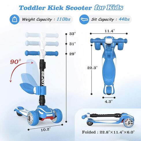 Sejoy Toddler Kick Scooter for Kids with 3 Wheels Extra-Wide Childrens Foldable Toy Scooter with Adjustable Height/Handlebars & Folding Seat for Kids Ages 3+(Blue) in Saudi Arabia