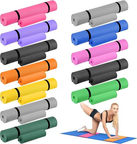 24 Pieces Yoga Mats Set 12 Yoga Mats Bulk and 12 Knee Pads with Carrying Straps 72'' x 24'' x 5 mm Thick Exercise Mat Colorful Non Slip Fitness Mats for Men Women Yoga Class Gym Fitness in Saudi Arabia