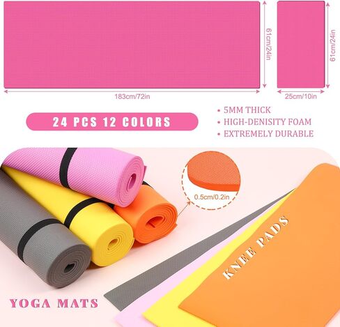 24 Pieces Yoga Mats Set 12 Yoga Mats Bulk and 12 Knee Pads with Carrying Straps 72'' x 24'' x 5 mm Thick Exercise Mat Colorful Non Slip Fitness Mats for Men Women Yoga Class Gym Fitness in Saudi Arabia