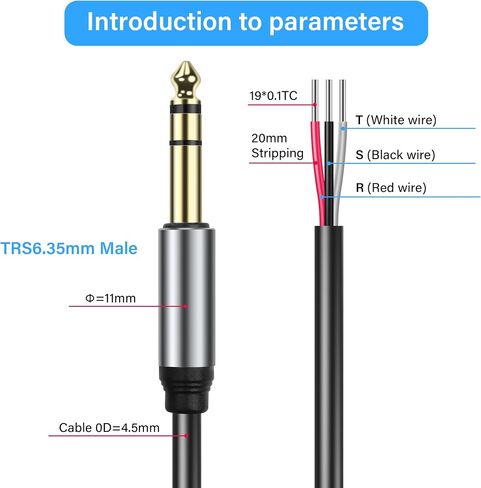 GINTOOYUN 2 Pack 6.35mm Male Plug to Bare Wire Open End TRS 3 Pole Stereo 1/4" 6.35mm Speaker Wire Adapter Connector to Bare Wire Open End Audio Cable for Microphone Speakers-0.3m/11in in Saudi Arabia