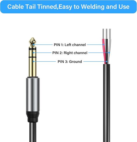 GINTOOYUN 2 Pack 6.35mm Male Plug to Bare Wire Open End TRS 3 Pole Stereo 1/4" 6.35mm Speaker Wire Adapter Connector to Bare Wire Open End Audio Cable for Microphone Speakers-0.3m/11in in Saudi Arabia