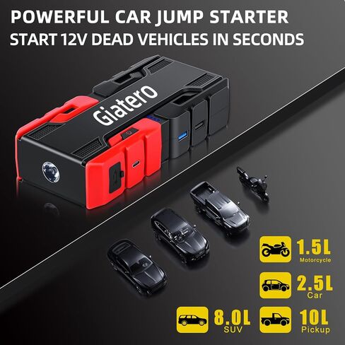 Giatero 001 4000A Car Jump Starter, 12V Battery Jumper Starter Portable Jump Box(10.0L Gas/8.0L Diesel), Jump Start Battery Pack with 3 Modes Flashlight, Power Bank with USB Quick Charge & Type C Port in Saudi Arabia
