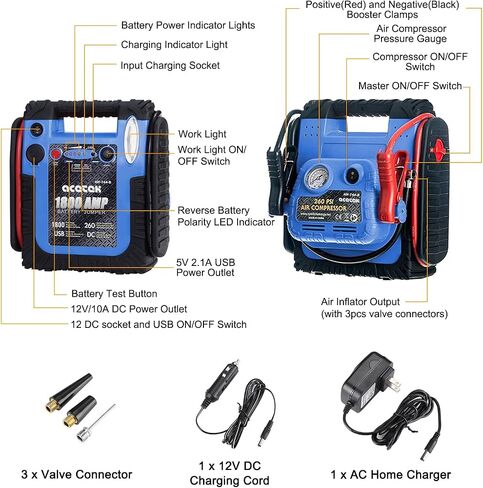 1800 Amp Jump Starter with Air Compressor, acetek Car Battery Jump Starter 260 PSI Tire Inflator, 20000mAh 12V Auto Lead-Acid Battery Booster (Up to 6L Gas or 6L Diesel Engine) with LED Light & USB in Saudi Arabia