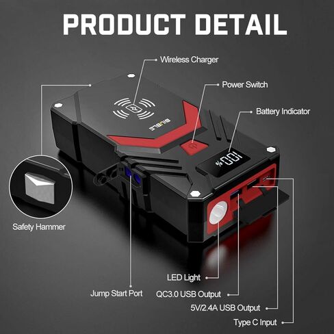 BIUBLE Car Jump Starter, 2500A Peak 12V Auto Booster Battery Pack Jump Box(Up to All Gas or 8.0L Diesel Engine, 50 Times) Jump Starter with 10W Wireless Charger Smart Jump Cables in Kuwait