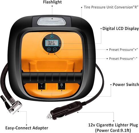 AUTODECO 12V DC منفاخ الإطارات المحمول ضاغط الهواء مع مقياس رقمي لإطارات السيارات والدراجات المطاطية الأخرى باللونين الأسود والبرتقالي in Kuwait