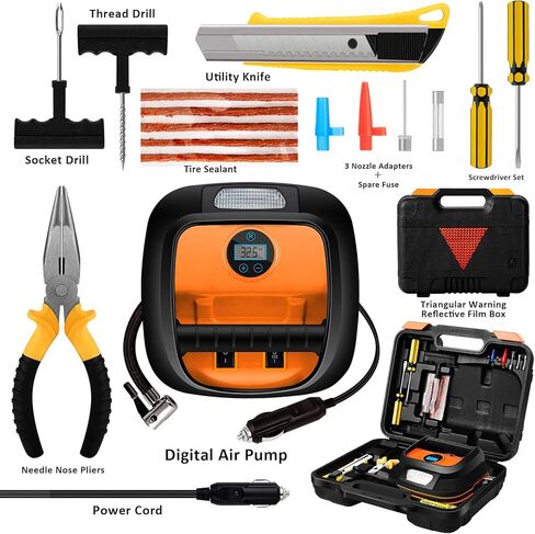 AUTODECO 12V DC منفاخ الإطارات المحمول ضاغط الهواء مع مقياس رقمي لإطارات السيارات والدراجات المطاطية الأخرى باللونين الأسود والبرتقالي in Kuwait