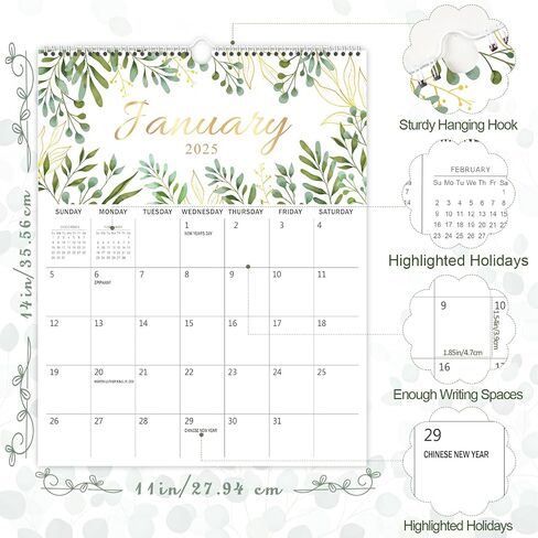 GuassLee Wall Calendar 2024-2025, 2024 Calendar Wall, 18-Months Hanging Calendar Jul. 2024 to Dec. 2025, 14" x 11" Monthly Planner Wall with Thick Paper, Plant Design for Office School Home Teacher in Saudi Arabia