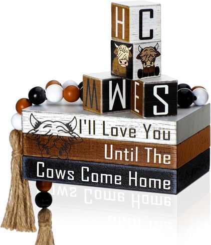 8 Pcs Highland Cow Tiered Tray Decor Rustic Fake Wooden Book Decor Highland Cow Tiered Tray Decorations Bead Set Farmhouse Highland Cow Table Sign for Home Room Table in Saudi Arabia
