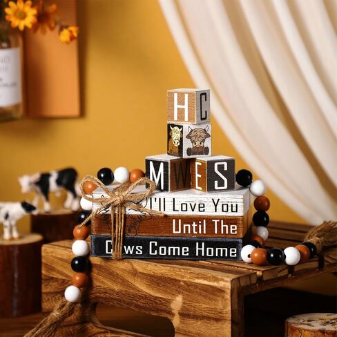 8 Pcs Highland Cow Tiered Tray Decor Rustic Fake Wooden Book Decor Highland Cow Tiered Tray Decorations Bead Set Farmhouse Highland Cow Table Sign for Home Room Table in Saudi Arabia