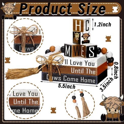 8 Pcs Highland Cow Tiered Tray Decor Rustic Fake Wooden Book Decor Highland Cow Tiered Tray Decorations Bead Set Farmhouse Highland Cow Table Sign for Home Room Table in Saudi Arabia