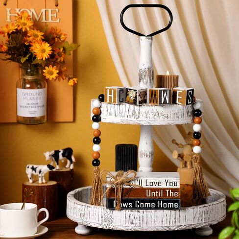 8 Pcs Highland Cow Tiered Tray Decor Rustic Fake Wooden Book Decor Highland Cow Tiered Tray Decorations Bead Set Farmhouse Highland Cow Table Sign for Home Room Table in Saudi Arabia