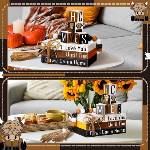 8 Pcs Highland Cow Tiered Tray Decor Rustic Fake Wooden Book Decor Highland Cow Tiered Tray Decorations Bead Set Farmhouse Highland Cow Table Sign for Home Room Table in Saudi Arabia