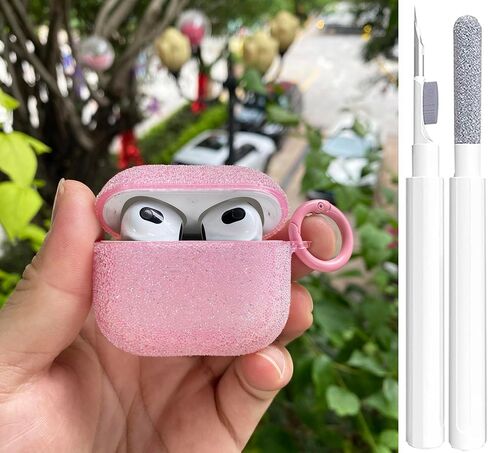 حافظة وردية لطيفة لغطاء الجيل الثالث من Airpods للفتيات والنساء مع سلسلة مفاتيح على شكل زهرة بوم بوم ومجموعة منظف، جلد واقي من السيليكون الناعم لحافظة Airpods الجيل الثالث 2021، وردي in Kuwait