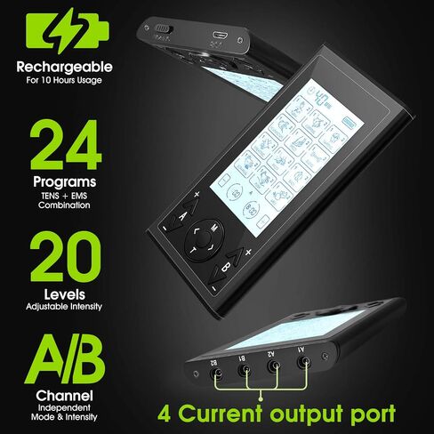 Newest 4 Channel 24 Modes Tens Unit Rechargeable with 24 Pcs Reusable Electrode Pads, Tens Unit Muscle Stimulator (Luxury Family Pack), Large Screen Tens Unit Massager for Pain Relief in Saudi Arabia
