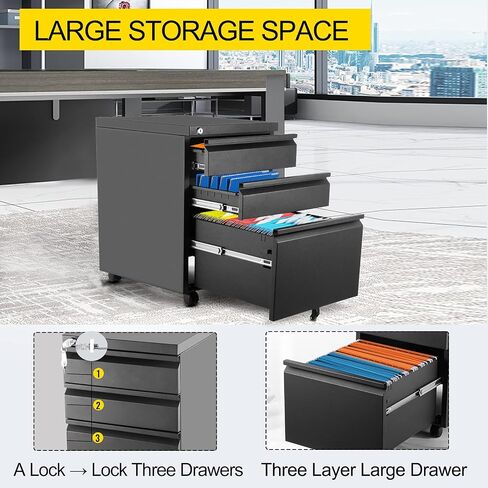 VEVOR File Cabinet, 3-Drawer Wood Filing Cabinet, Locking Office Cabinet for Letter/A4 Size, File Cabinet with 5 Wheels for Home Office, Black in Saudi Arabia