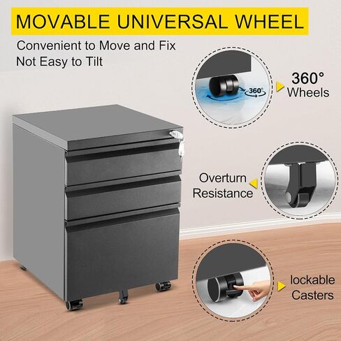 VEVOR File Cabinet, 3-Drawer Wood Filing Cabinet, Locking Office Cabinet for Letter/A4 Size, File Cabinet with 5 Wheels for Home Office, Black in Saudi Arabia
