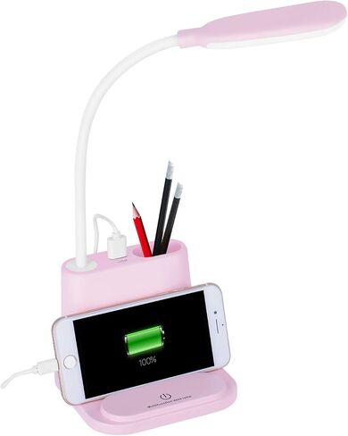 مصباح مكتب LED، مصباح NovoLido قابل لإعادة الشحن مع منفذ شحن USB/حامل قلم/حامل هاتف، دراسة صغيرة لطيفة للأطفال/المنزل/المكتب/النوم، طاولة قراءة مرنة محمولة بجانب السرير (أبيض) in Saudi Arabia