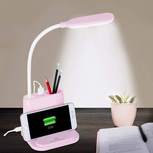 مصباح مكتب LED، مصباح NovoLido قابل لإعادة الشحن مع منفذ شحن USB/حامل قلم/حامل هاتف، دراسة صغيرة لطيفة للأطفال/المنزل/المكتب/النوم، طاولة قراءة مرنة محمولة بجانب السرير (أبيض) in Saudi Arabia