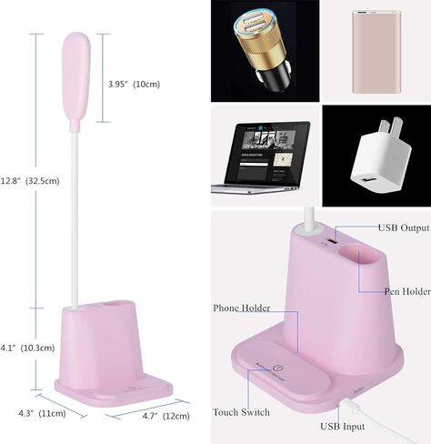 مصباح مكتب LED، مصباح NovoLido قابل لإعادة الشحن مع منفذ شحن USB/حامل قلم/حامل هاتف، دراسة صغيرة لطيفة للأطفال/المنزل/المكتب/النوم، طاولة قراءة مرنة محمولة بجانب السرير (أبيض) in Saudi Arabia