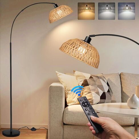 Arc Floor Lamp for Living Room,Black Standing Rattan Floor Lamp with Remote Control Dimmable,71" Tall Boho Farmhouse Adjustable Over Couch Lamp for Bedroom Office in Kuwait