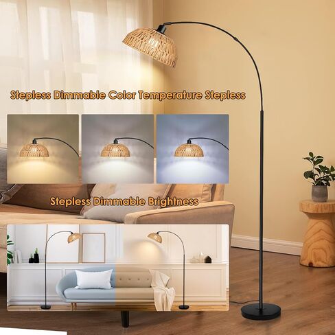 Arc Floor Lamp for Living Room,Black Standing Rattan Floor Lamp with Remote Control Dimmable,71" Tall Boho Farmhouse Adjustable Over Couch Lamp for Bedroom Office in Kuwait