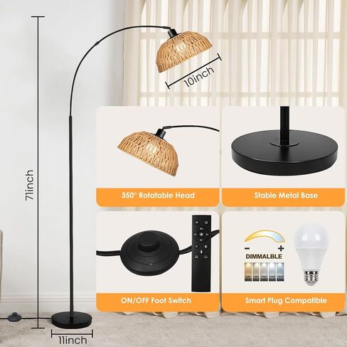 Arc Floor Lamp for Living Room,Black Standing Rattan Floor Lamp with Remote Control Dimmable,71" Tall Boho Farmhouse Adjustable Over Couch Lamp for Bedroom Office in Kuwait
