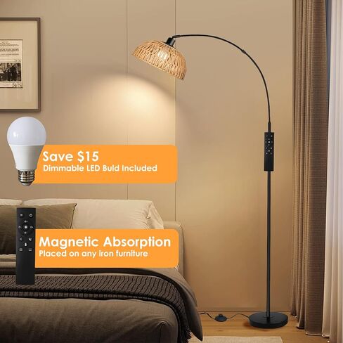 Arc Floor Lamp for Living Room,Black Standing Rattan Floor Lamp with Remote Control Dimmable,71" Tall Boho Farmhouse Adjustable Over Couch Lamp for Bedroom Office in Kuwait
